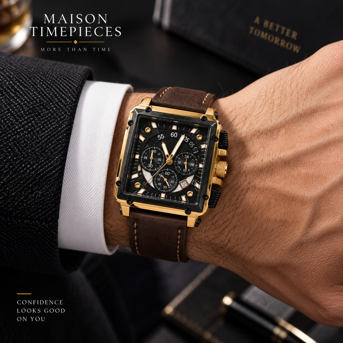Gold rectangular chronograph watch with brown leather strap worn on a man's wrist with business attire