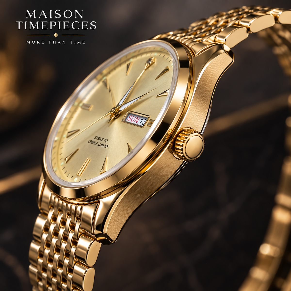 Maison Timepieces Curated gold watch side profile showing the polished case, crown and slim dress watch design
