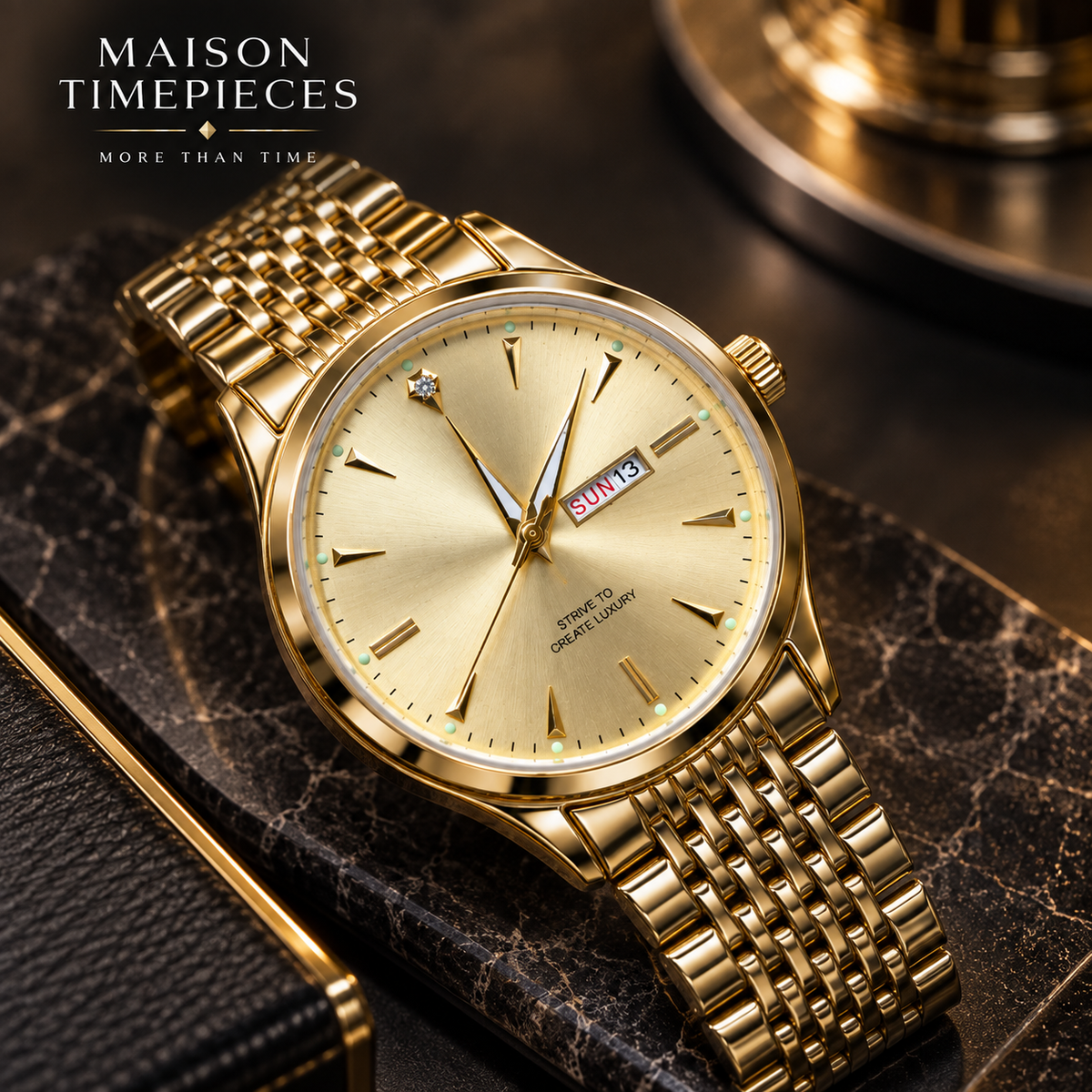 Maison Timepieces Curated gold dress watch worn on wrist with champagne dial and polished gold-tone bracelet