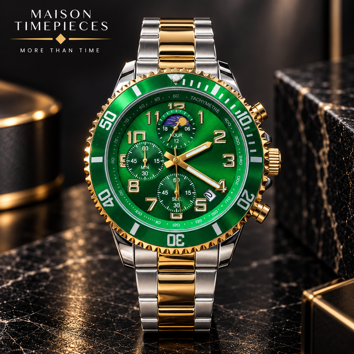 A Maison Timepieces men's watch with a green dial, green bezel, and a two-tone silver and gold stainless steel link bracelet, displayed on a dark marble surface.