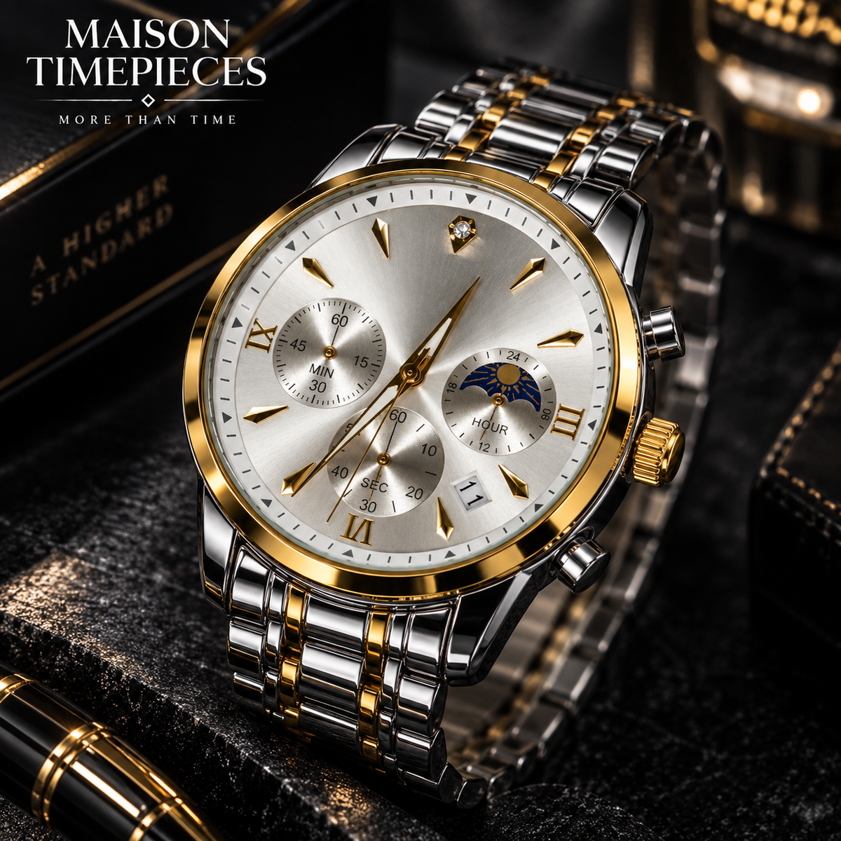 Maison Timepieces Curated two-tone watch with silver dial and gold accents in a dark luxury setting