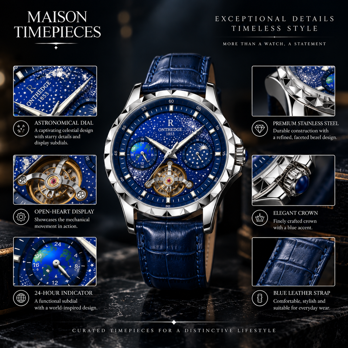 Maison Timepieces Curated blue open heart automatic watch highlighting dial and design details
