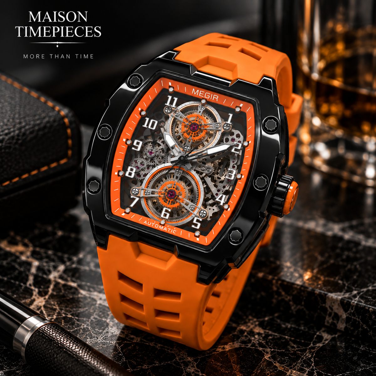 Maison Timepieces Curated orange skeleton automatic watch displayed in a luxury lifestyle setting