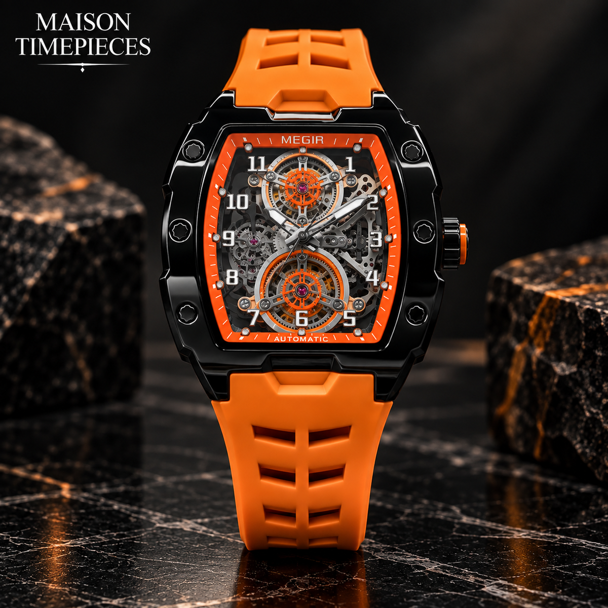 Maison Timepieces Curated orange skeleton automatic watch with black tonneau case and orange strap