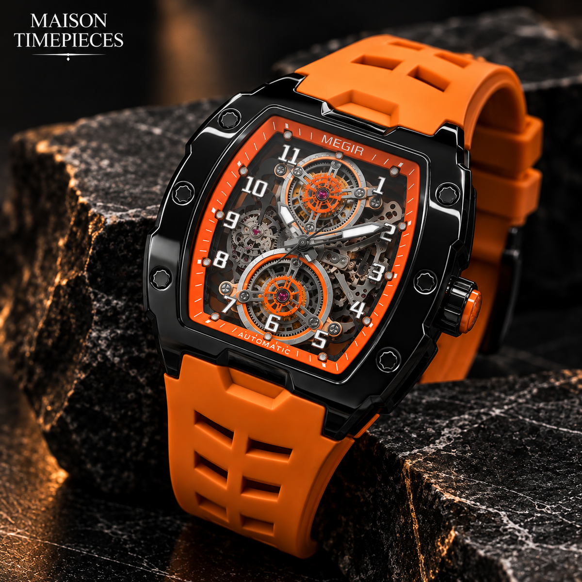 Maison Timepieces Curated skeleton automatic watch with orange strap in luxury product setting