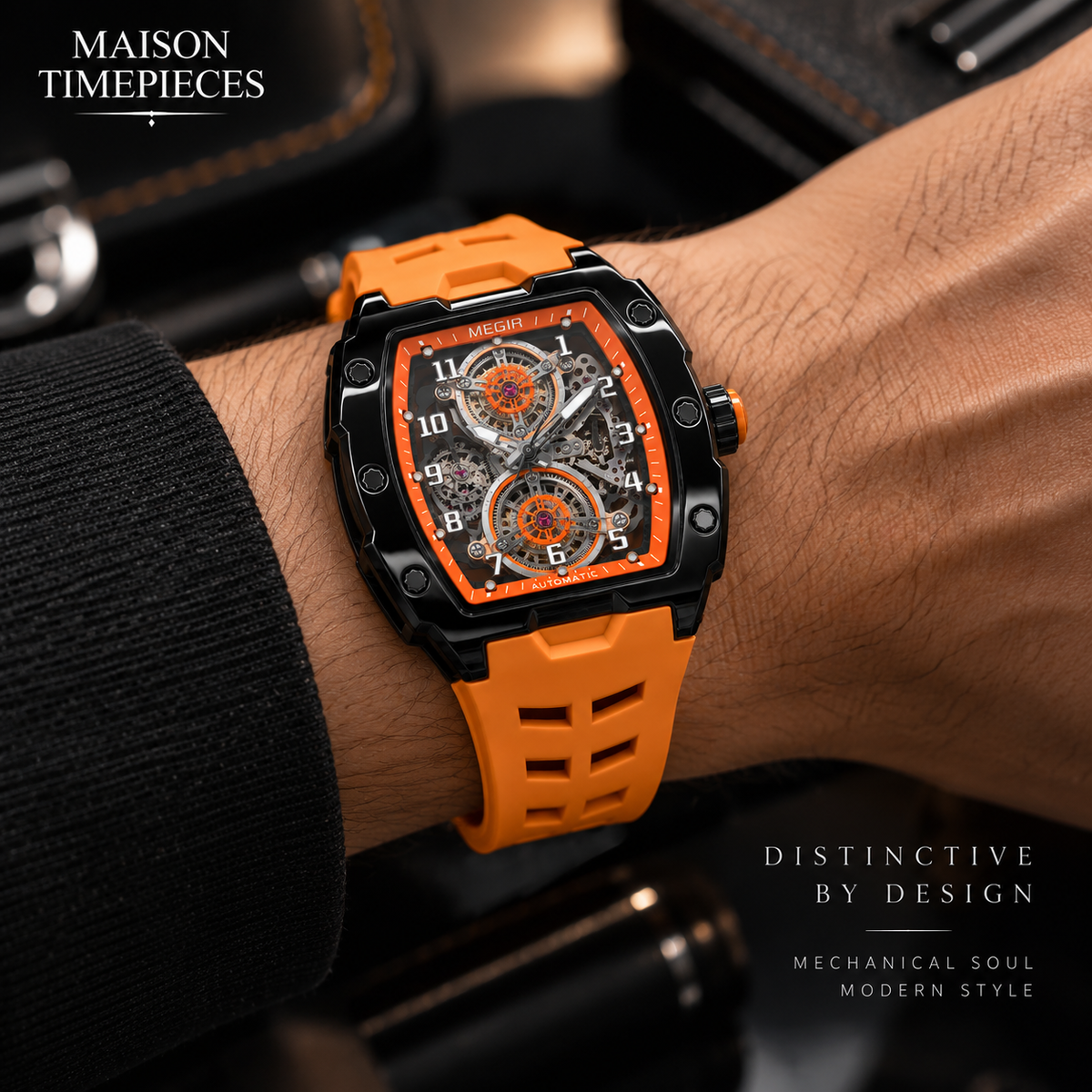 Maison Timepieces Curated orange skeleton automatic watch worn on wrist