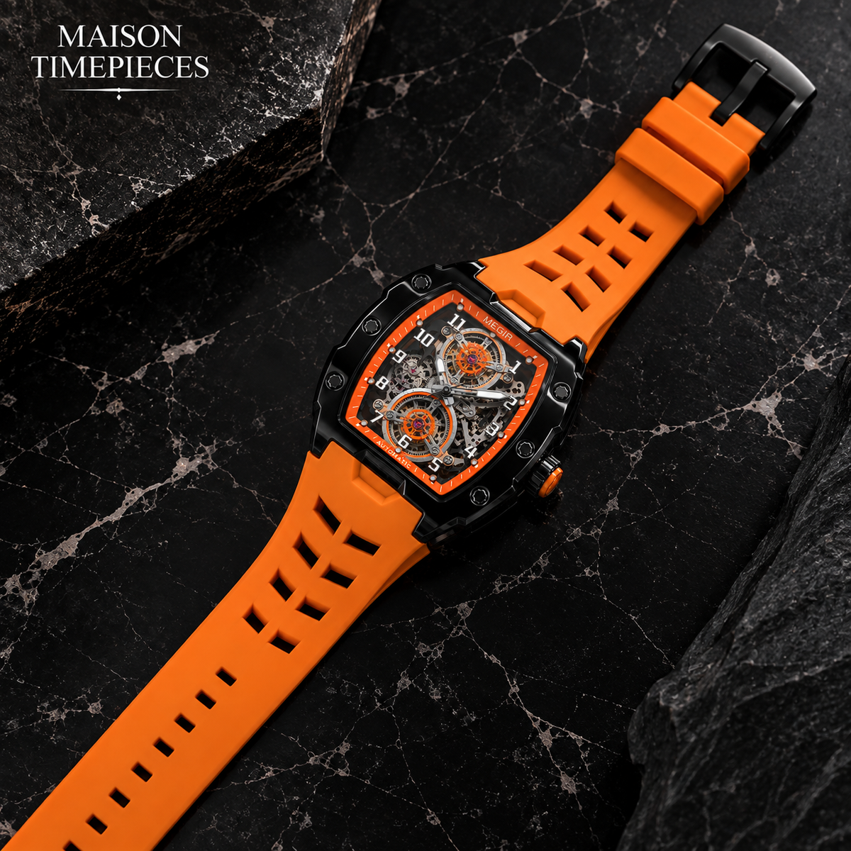 Full view of Maison Timepieces Curated skeleton automatic watch with orange silicone strap