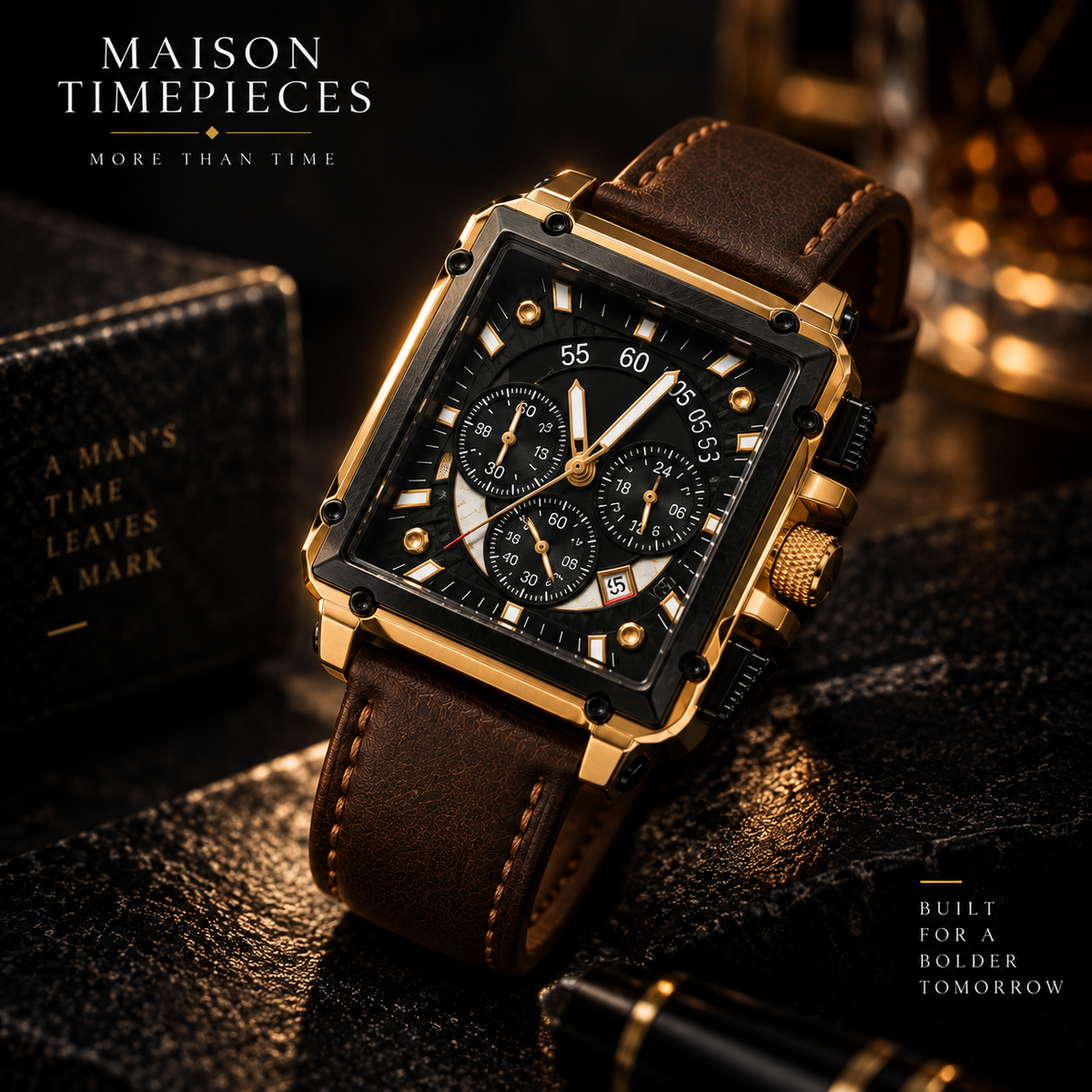 Maison Timepieces Curated rectangular gold-tone chronograph watch displayed in a premium dark luxury setting
