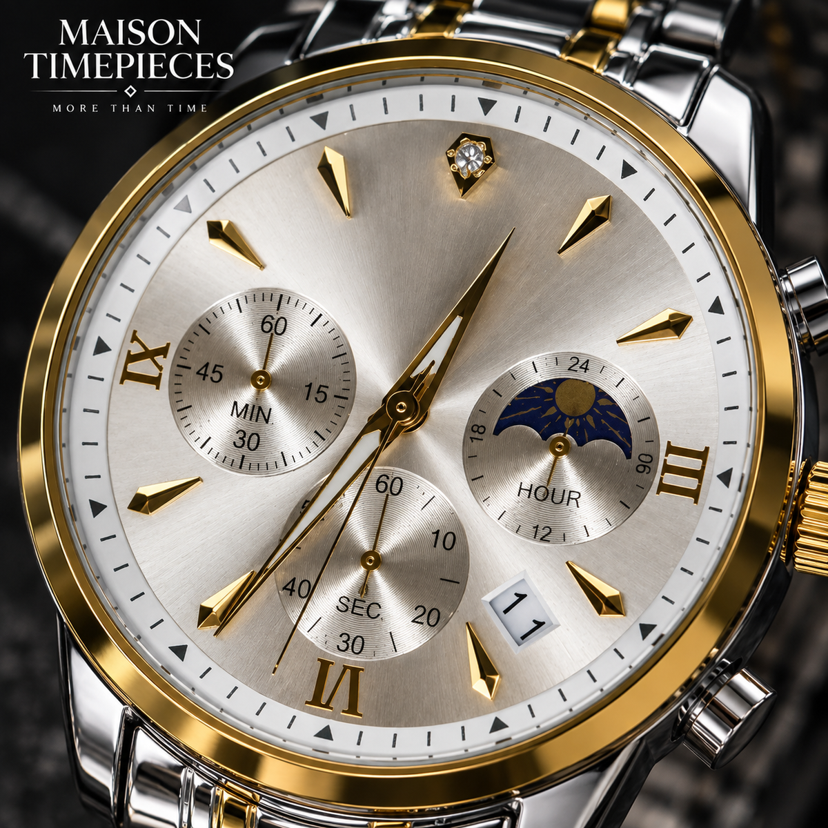 Close-up of Maison Timepieces Curated watch with silver dial, gold-tone markers, subdials and date display