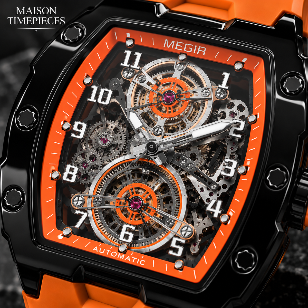 Close-up of skeleton automatic watch dial showing exposed mechanical movement and orange detailing