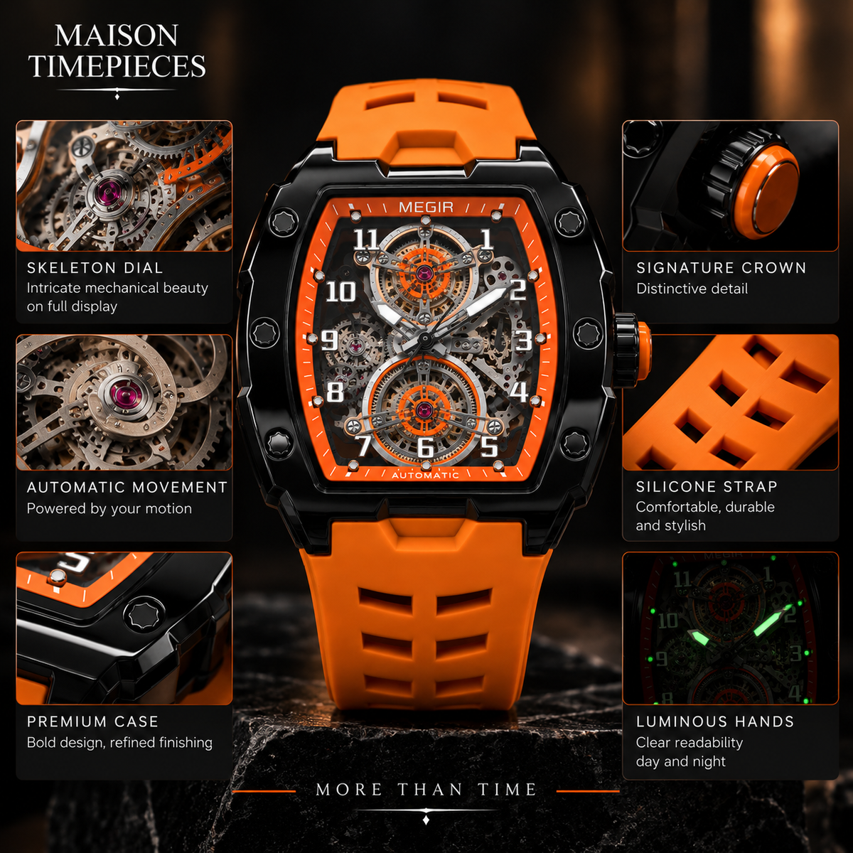 Maison Timepieces Curated skeleton automatic watch highlighting mechanical dial, case, crown and orange strap