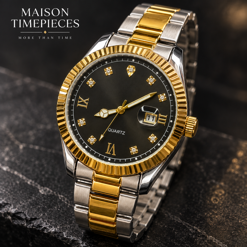 Maison Timepieces Curated two-tone gold and silver quartz watch with black dial and fluted bezel