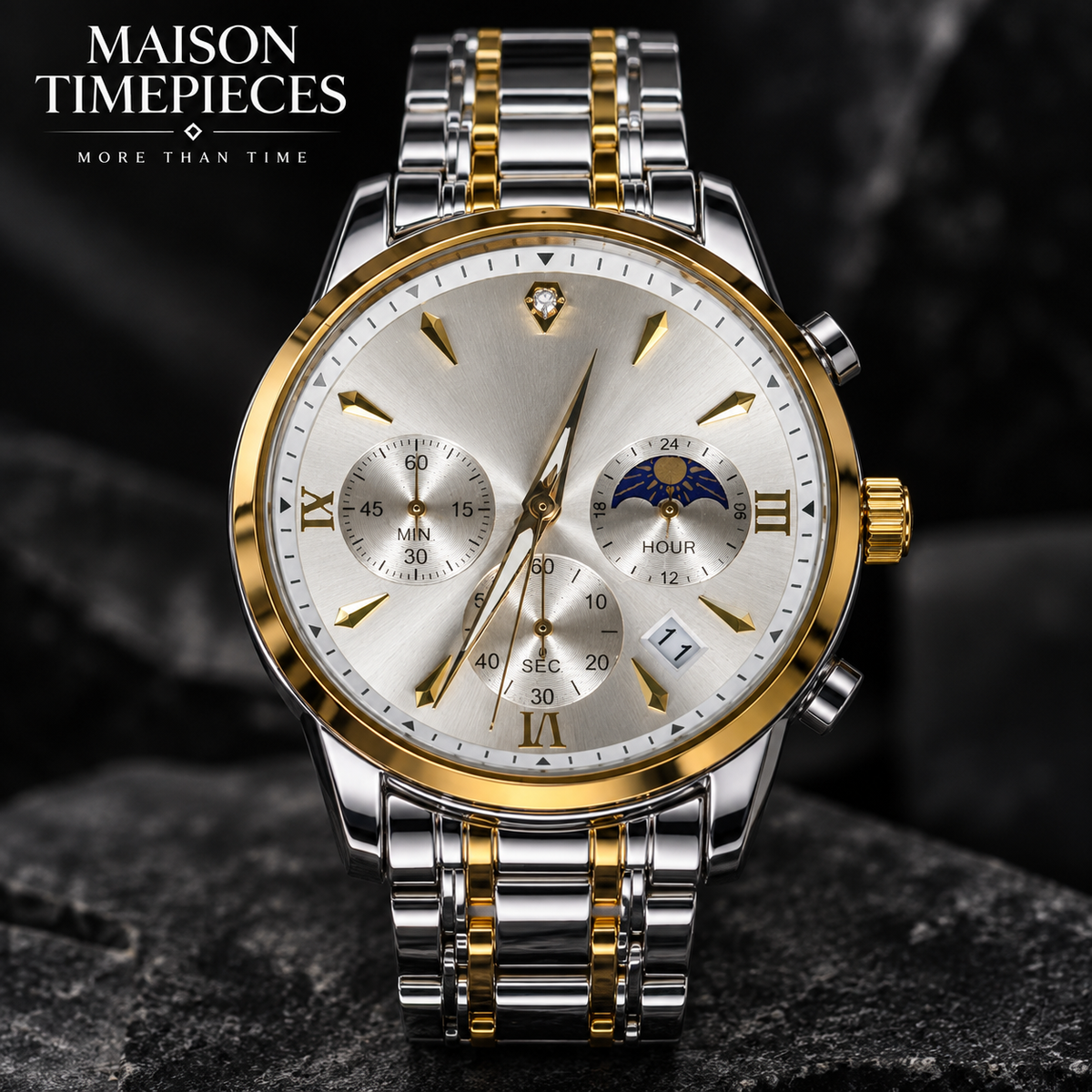 Maison Timepieces Curated two-tone gold and silver watch with silver dial and metal bracelet, front view