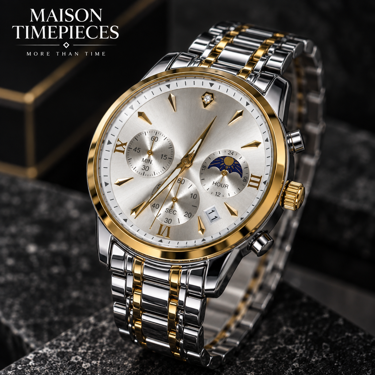 Maison Timepieces Curated two-tone gold and silver watch photographed from a luxury three-quarter angle