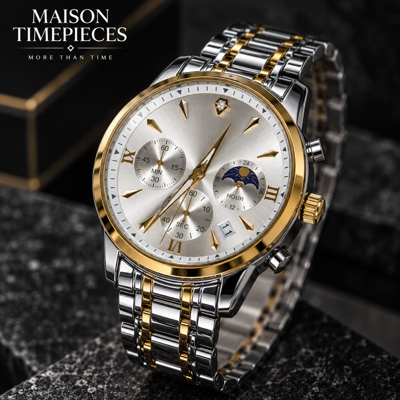 Maison Timepieces Curated two-tone gold and silver watch photographed from a luxury three-quarter angle