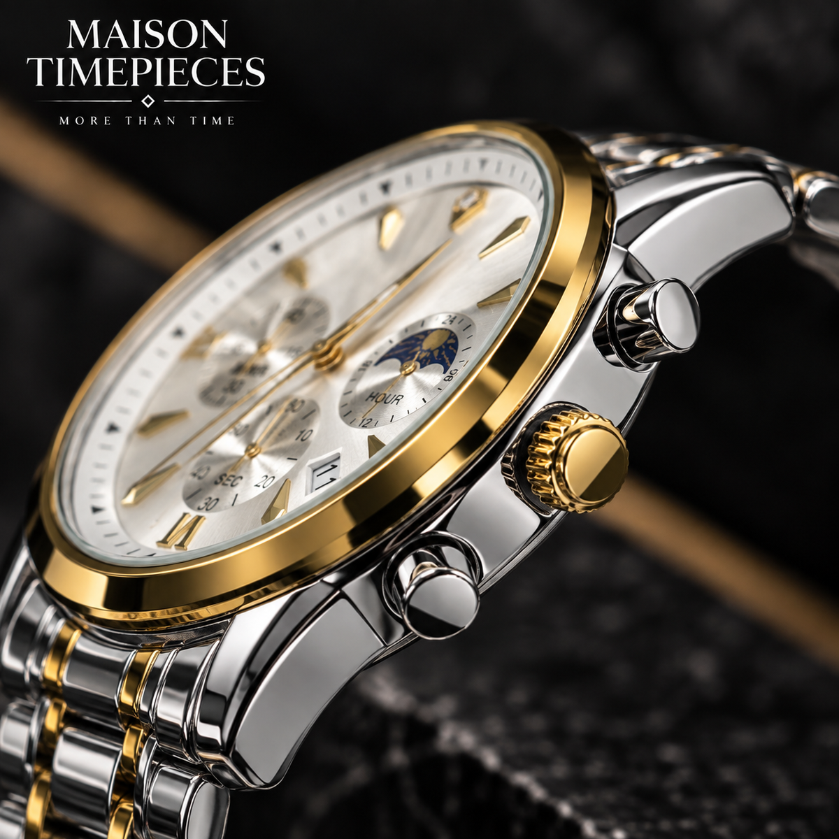 Maison Timepieces Curated two-tone gold and silver watch worn on wrist with formal attire