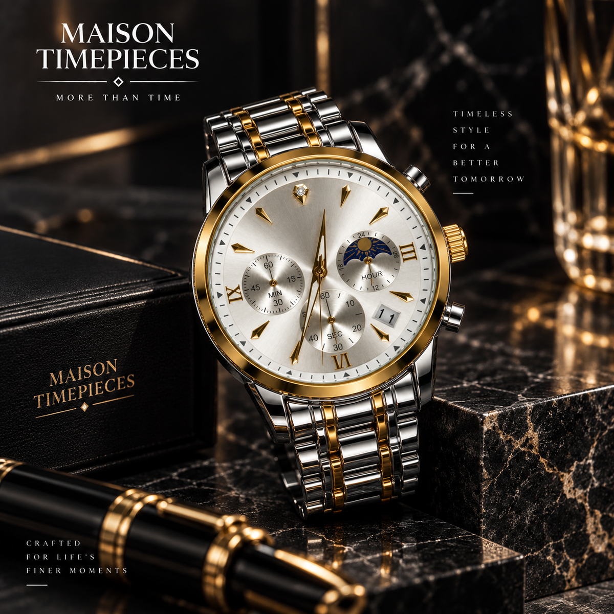 Maison Timepieces Curated gold and silver-tone watch displayed in a dark charcoal luxury lifestyle setting