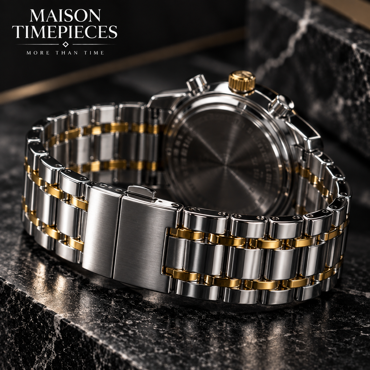 Side profile of Maison Timepieces Curated two-tone watch showing gold-tone bezel, crown and side pushers