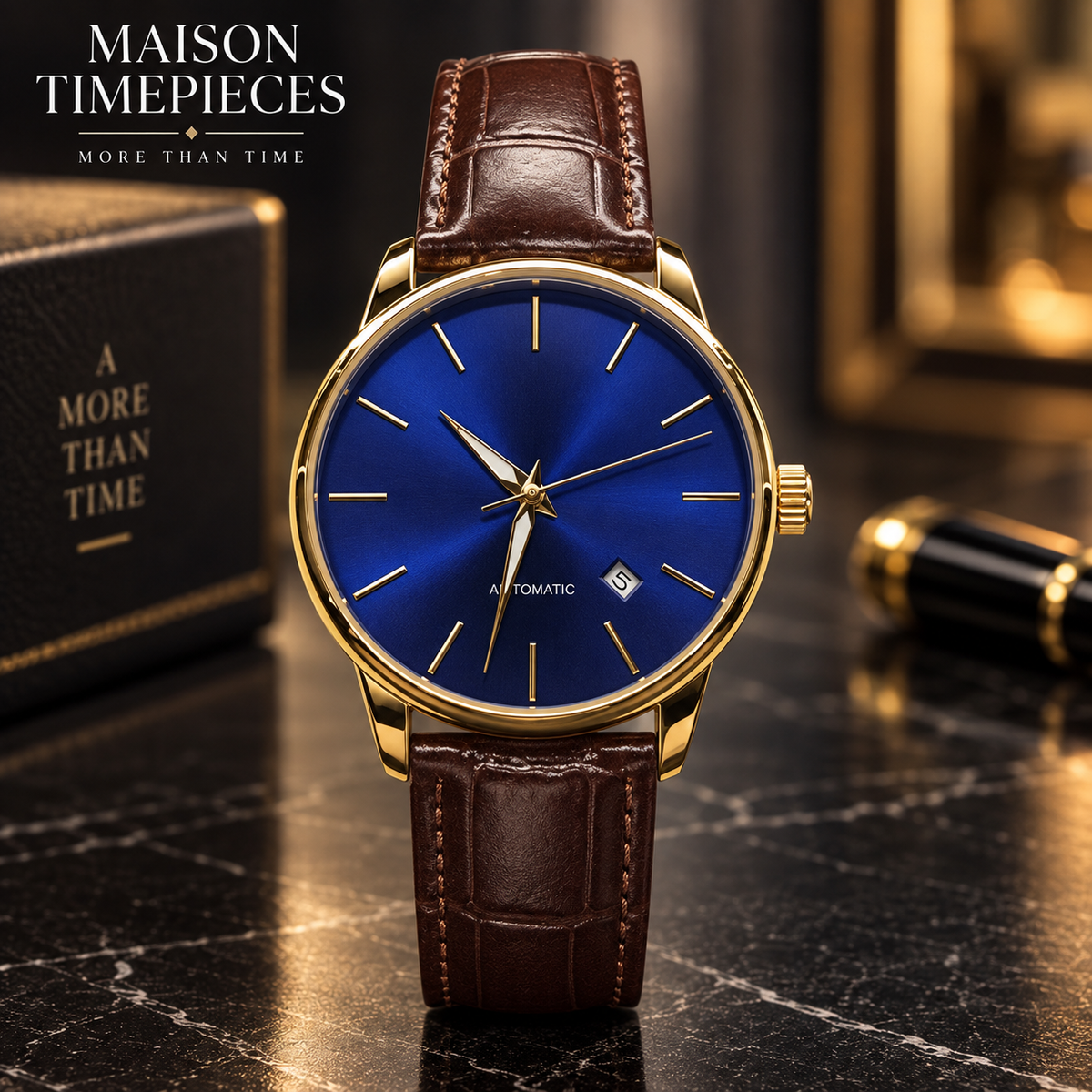 Maison Timepieces curated gold-tone automatic watch with blue dial and brown leather strap, front view