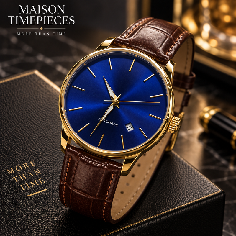 Luxury angled view of Maison Timepieces curated gold-tone automatic watch with blue dial