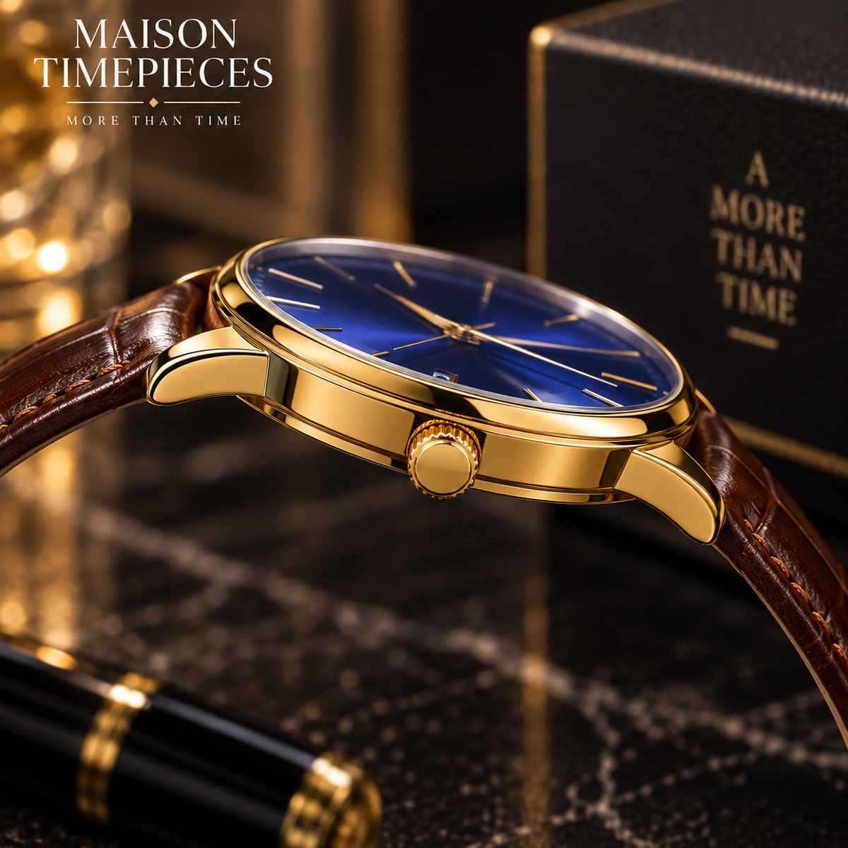 Side profile of Maison Timepieces curated gold-tone automatic watch with brown leather strap