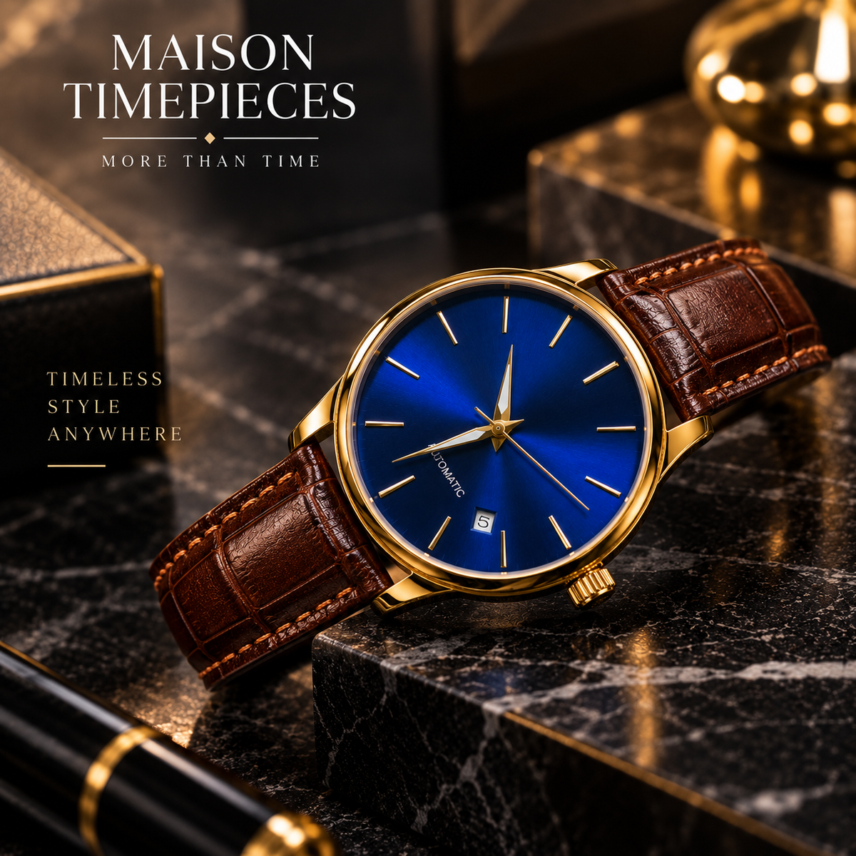 Maison Timepieces curated gold-tone blue dial watch in a premium luxury setting