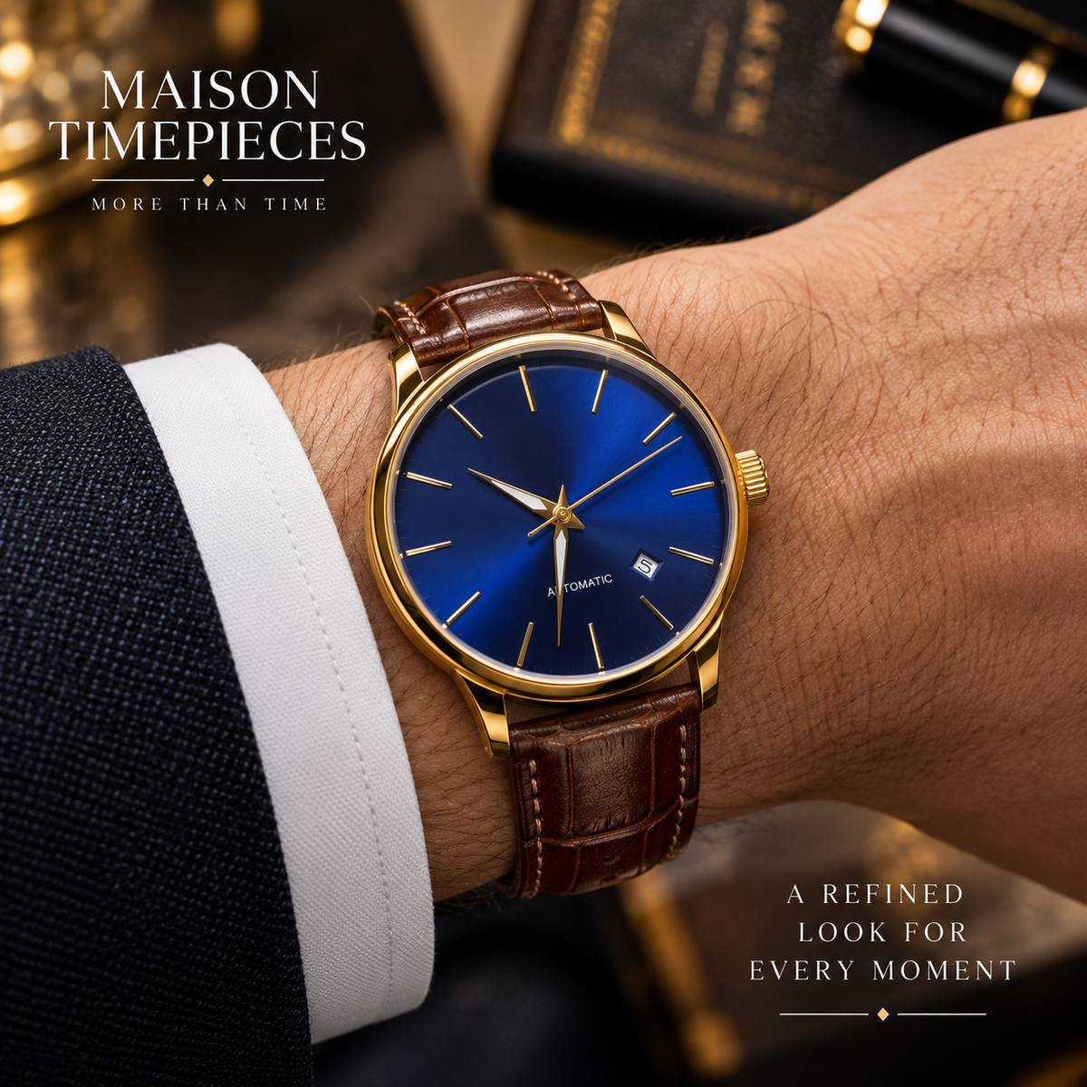 Maison Timepieces curated gold-tone blue dial watch worn with formal attire