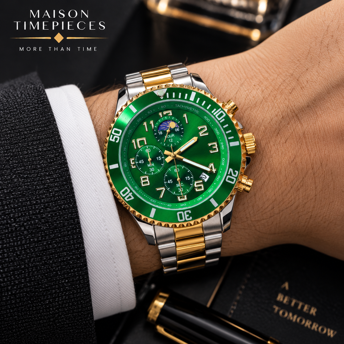 Close-up of green chronograph dial with three subdials, gold-tone hands and date display