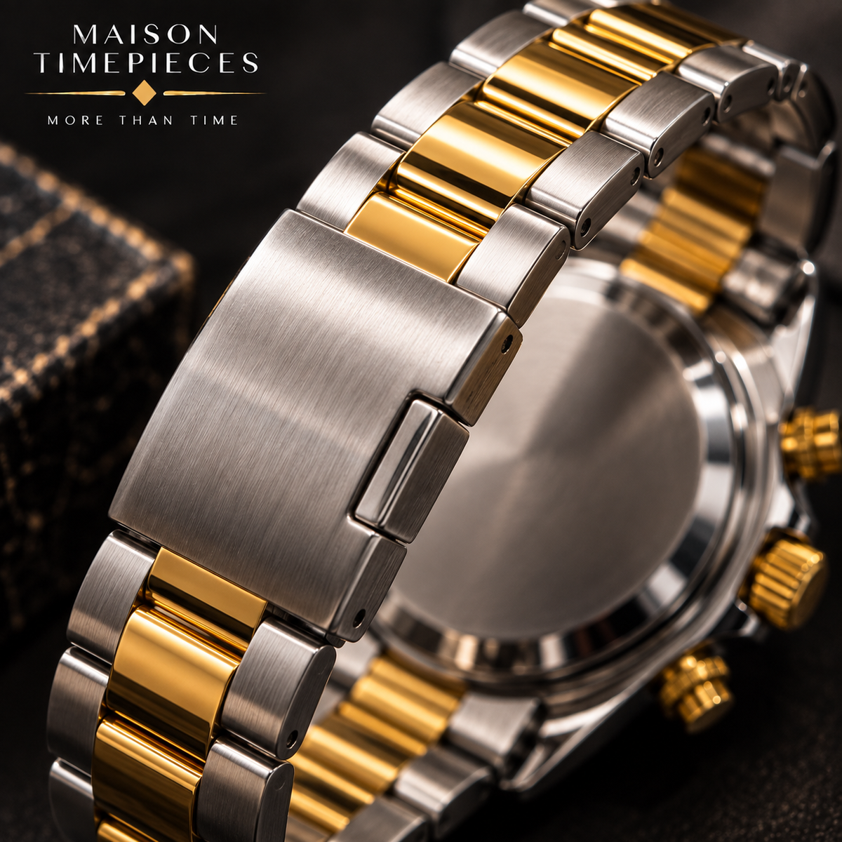 Green chronograph watch highlighting dial, date display, subdials and two-tone bracelet