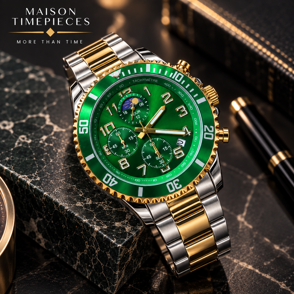 Green and gold chronograph watch worn on wrist with two-tone metal bracelet