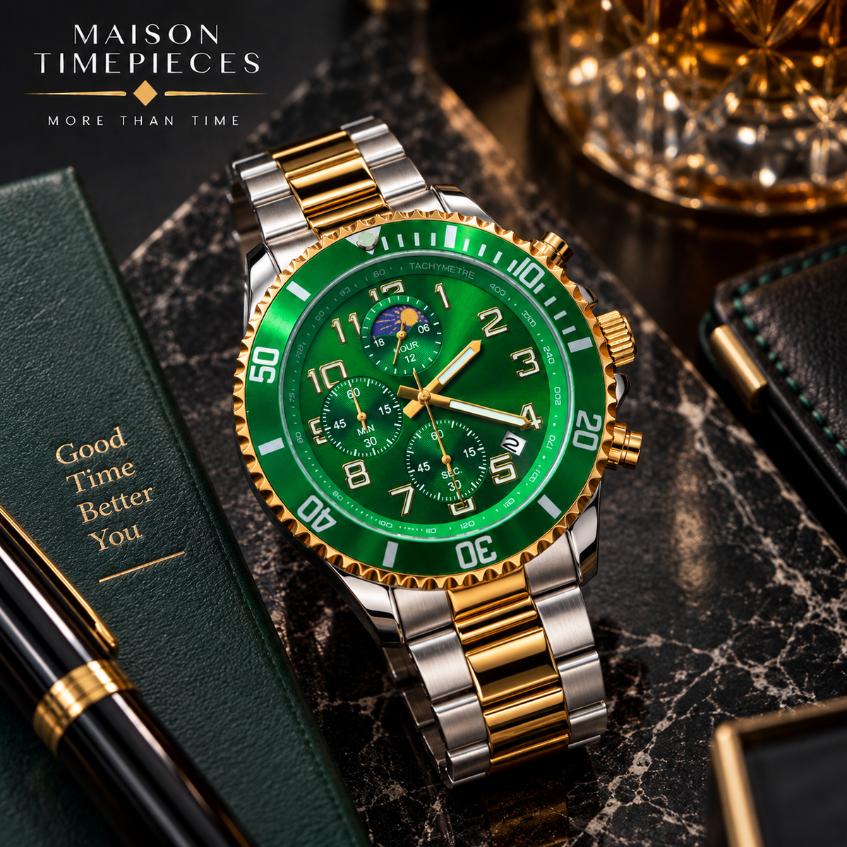 Angled view of green dial chronograph watch with gold-tone bezel and two-tone bracelet