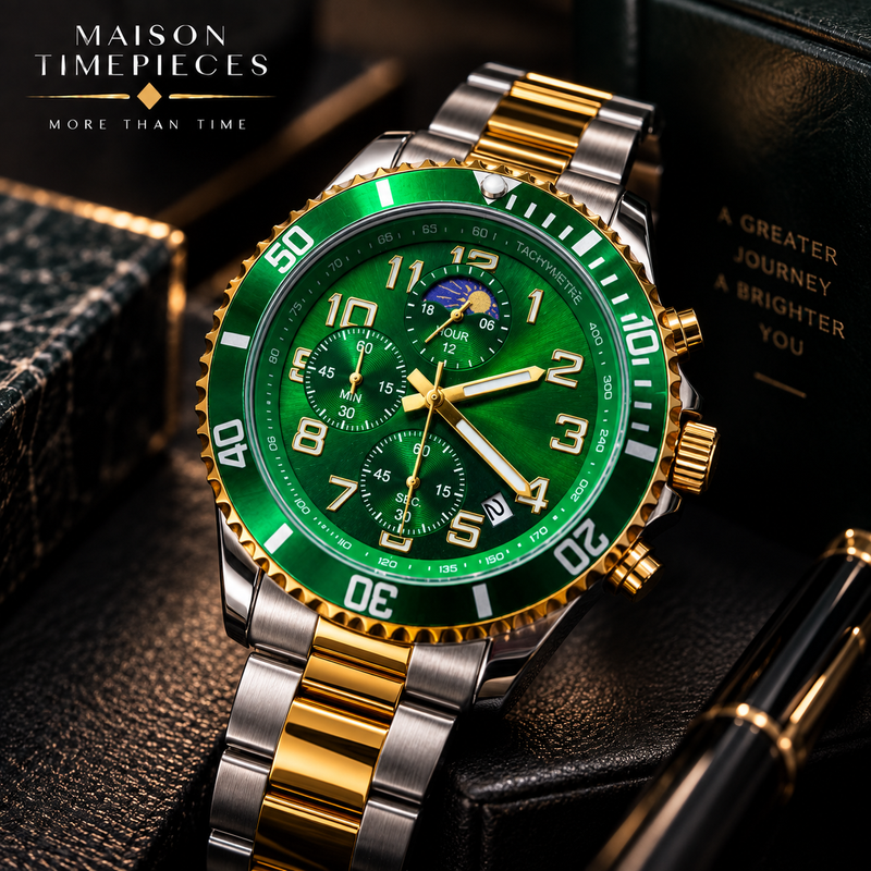 Green and gold chronograph watch displayed in a luxury dark lifestyle setting