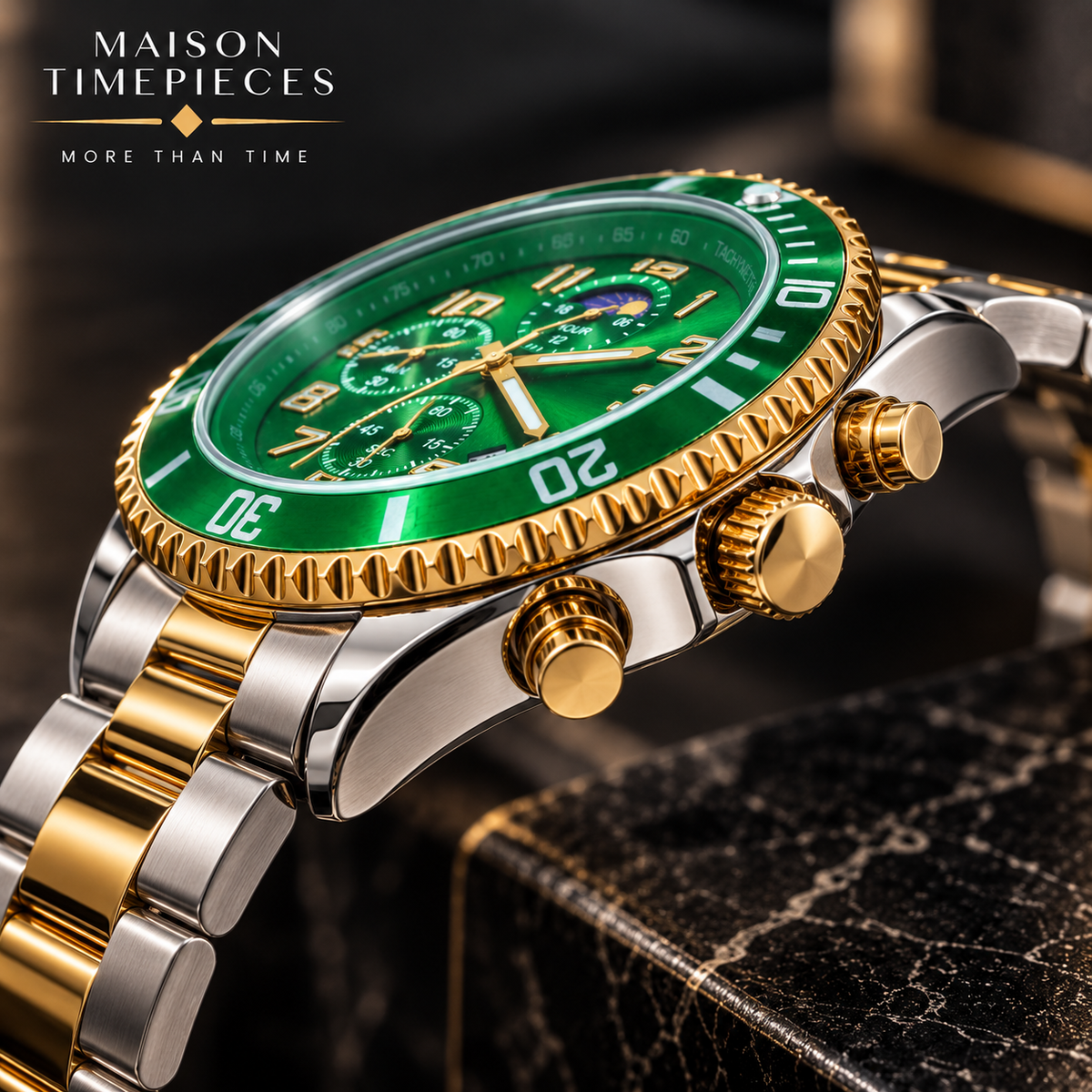 A close-up of a Maison Timepieces wristwatch with a green dial and bezel, gold-tone accents, and a two-tone silver and gold metal link bracelet, resting on a dark textured surface.