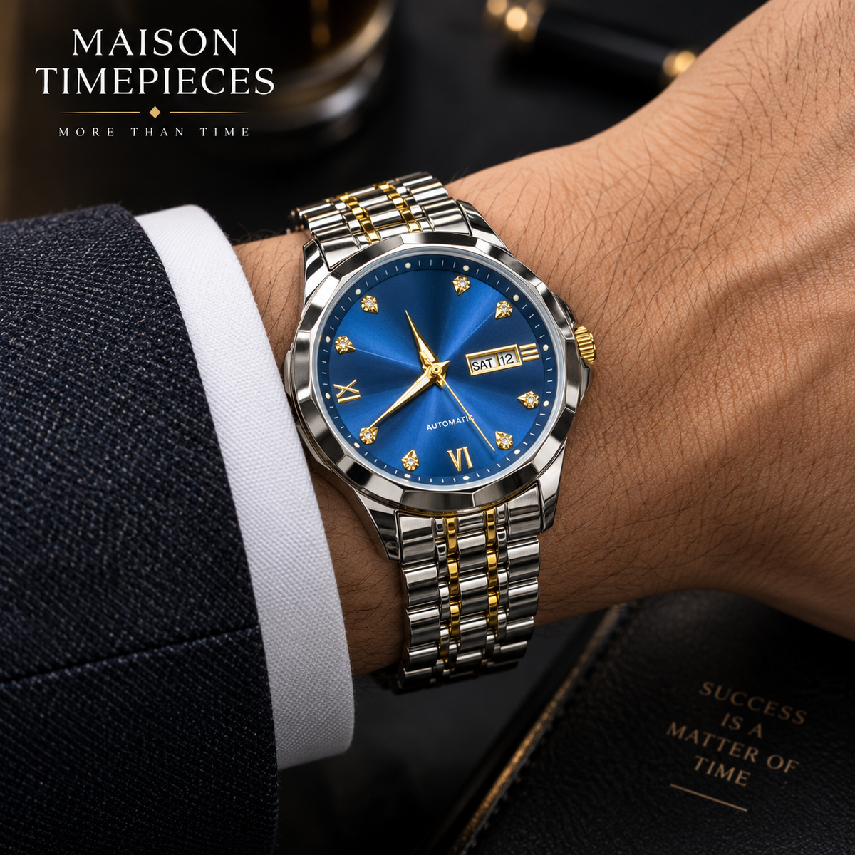 Two-tone silver and gold stainless steel watch bracelet close-up