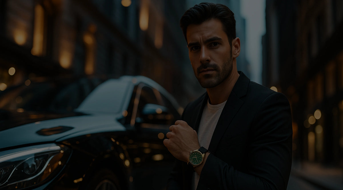 Man standing in front of a car on a city street at night