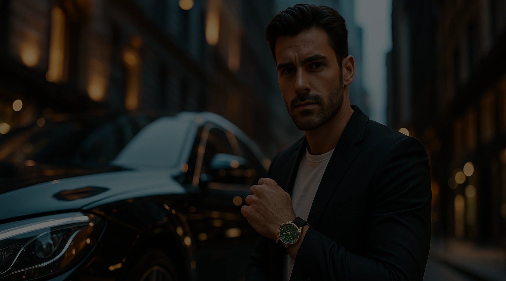 Man standing in front of a car on a city street at night