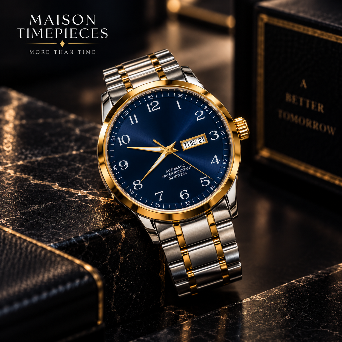 Men’s automatic watch with blue dial, gold bezel and two-tone bracelet in a premium luxury setting.
