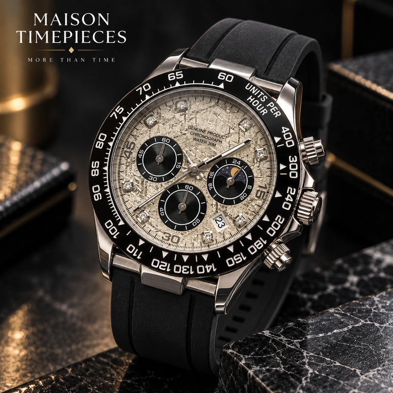 Close-up of men's chronograph watch with textured silver dial, black subdials and date display.