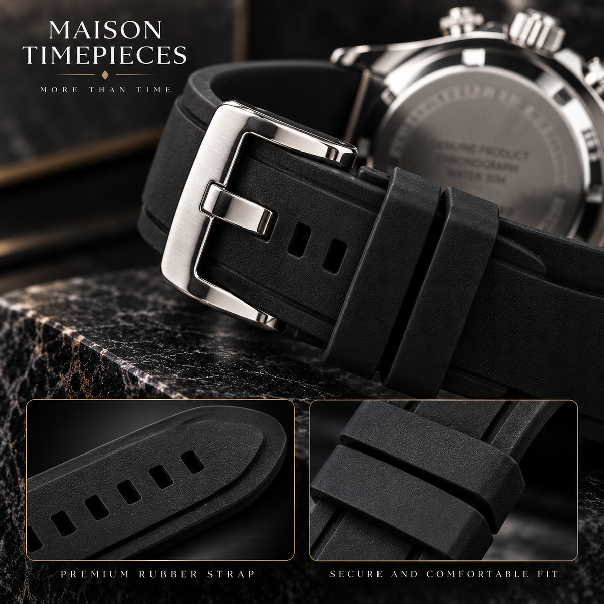 Men's chronograph watch with textured silver dial and black rubber strap worn on the wrist.