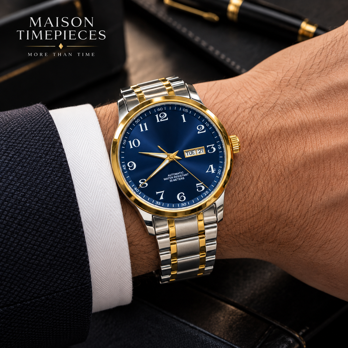 Men’s two-tone automatic watch with blue dial worn on the wrist with business attire.