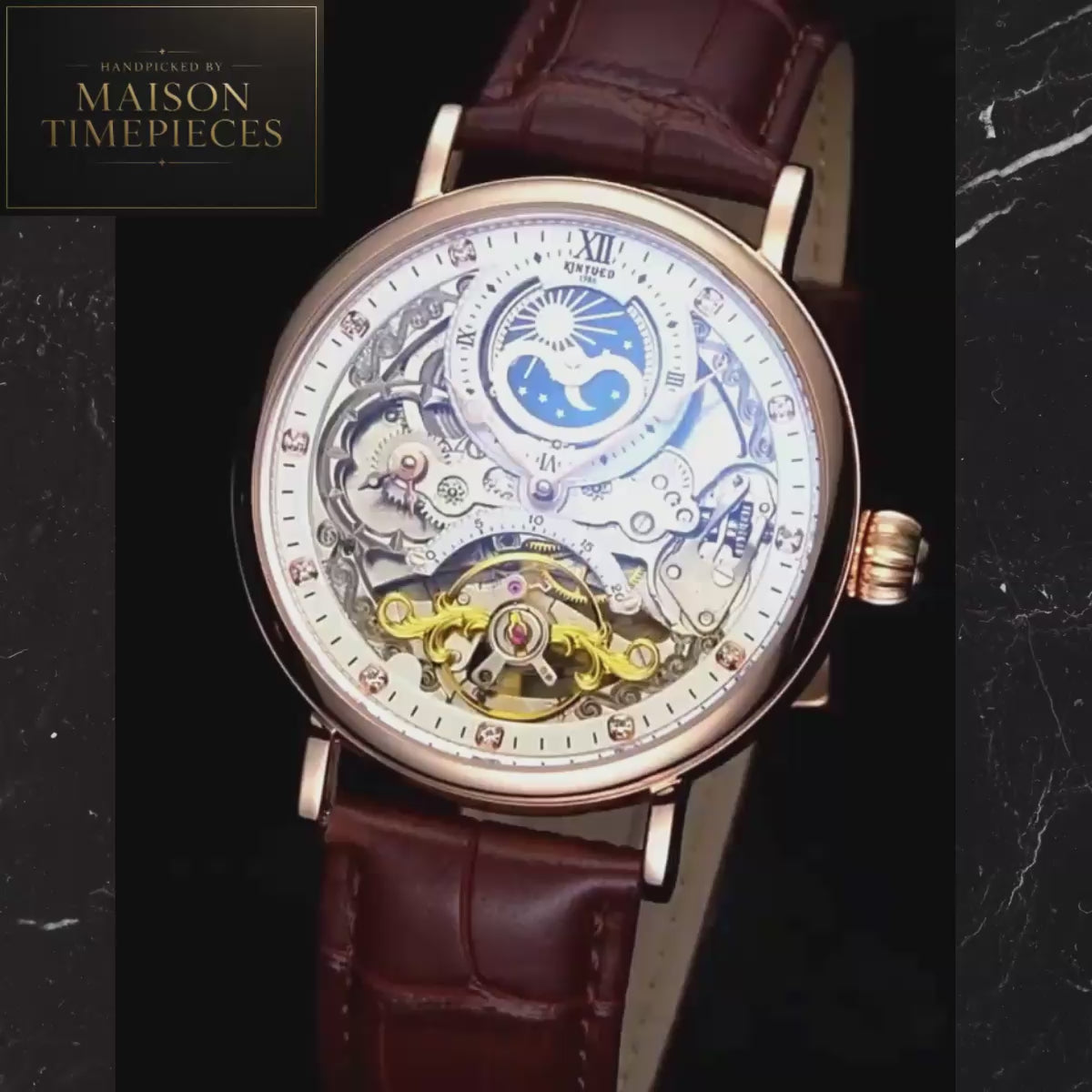Maison Timepieces Curated automatic open heart moon phase dress watch with white skeleton-inspired dial, rose gold stainless steel case, genuine leather strap and exhibition mechanical movement.