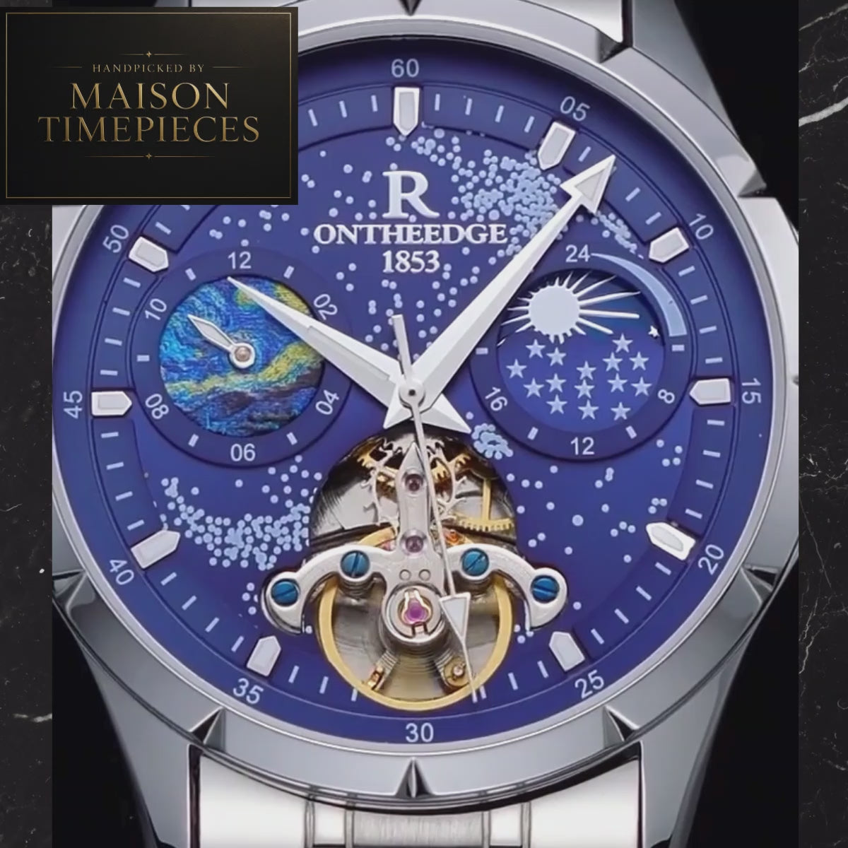 Maison Timepieces Curated automatic tourbillon moon phase watch with blue dial, open-heart mechanical movement, genuine blue leather strap and stainless steel 42mm case.