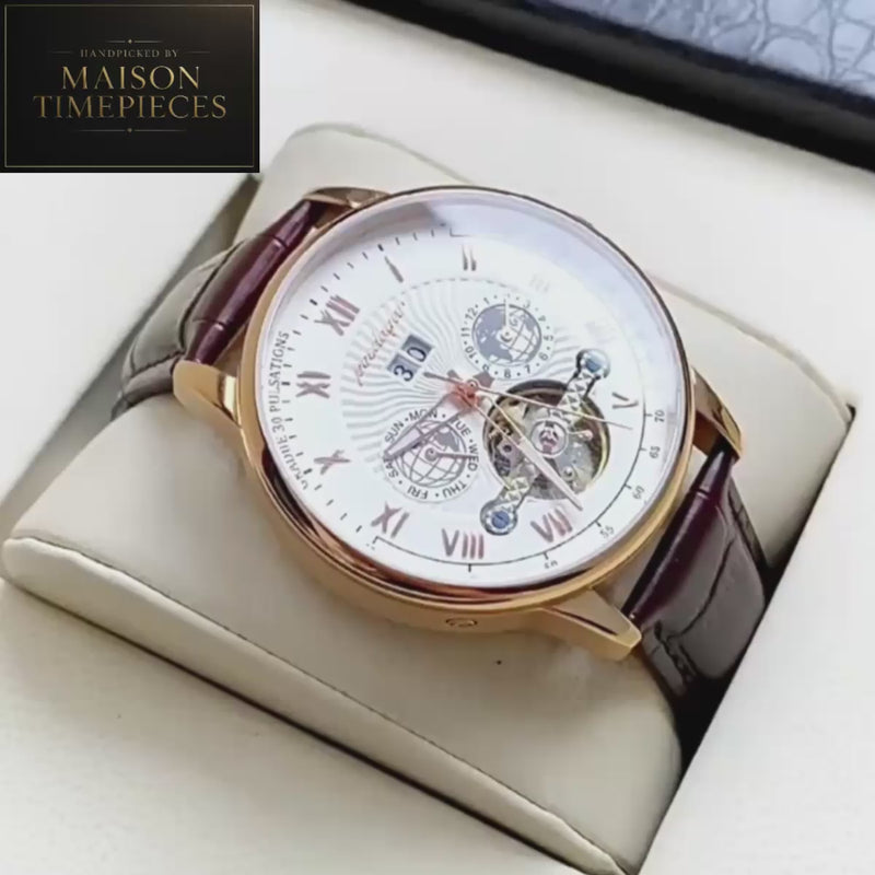 Maison Timepieces Curated automatic skeleton dress watch with black Roman numeral dial, open-heart mechanical movement display, stainless steel case and black leather strap.