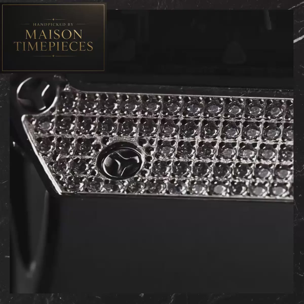 Maison Timepieces Curated automatic skeleton tonneau watch with diamond-style bezel, black skeleton dial, moonphase display, exhibition caseback and black rubber strap.