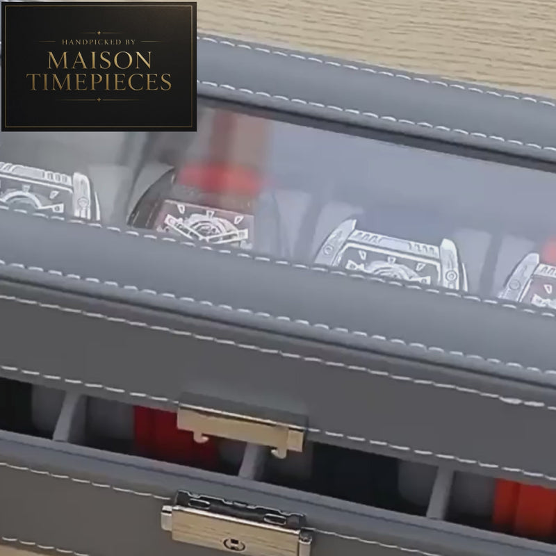 Maison Timepieces Curated automatic skeleton tonneau watch with black alloy case, exposed mechanical movement, red silicone strap and 44mm sports design.