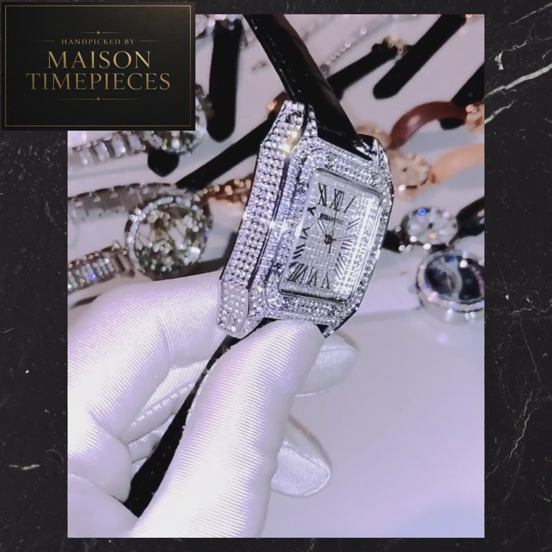 Maison Timepieces Curated quartz square dress watch with silver Roman numeral dial, diamond-inspired bezel, black leather strap and stainless steel case.