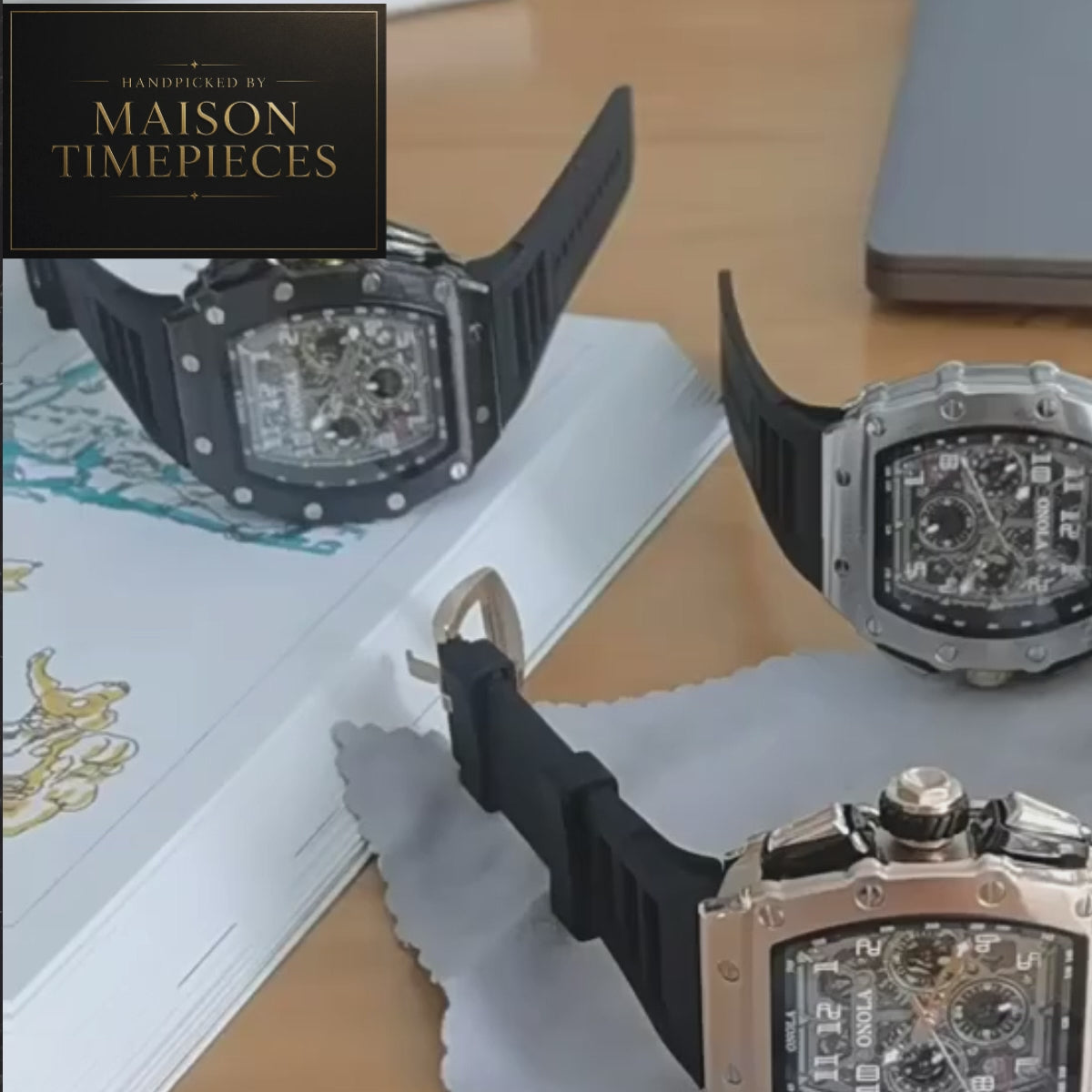Maison Timepieces Curated automatic skeleton tonneau watch with rose gold-tone 44mm case, exposed mechanical movement, black silicone strap and transparent exhibition caseback.