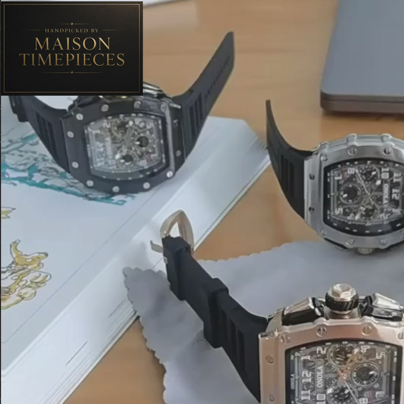 Maison Timepieces Curated automatic skeleton tonneau watch with rose gold-tone 44mm case, exposed mechanical movement, black silicone strap and transparent exhibition caseback.