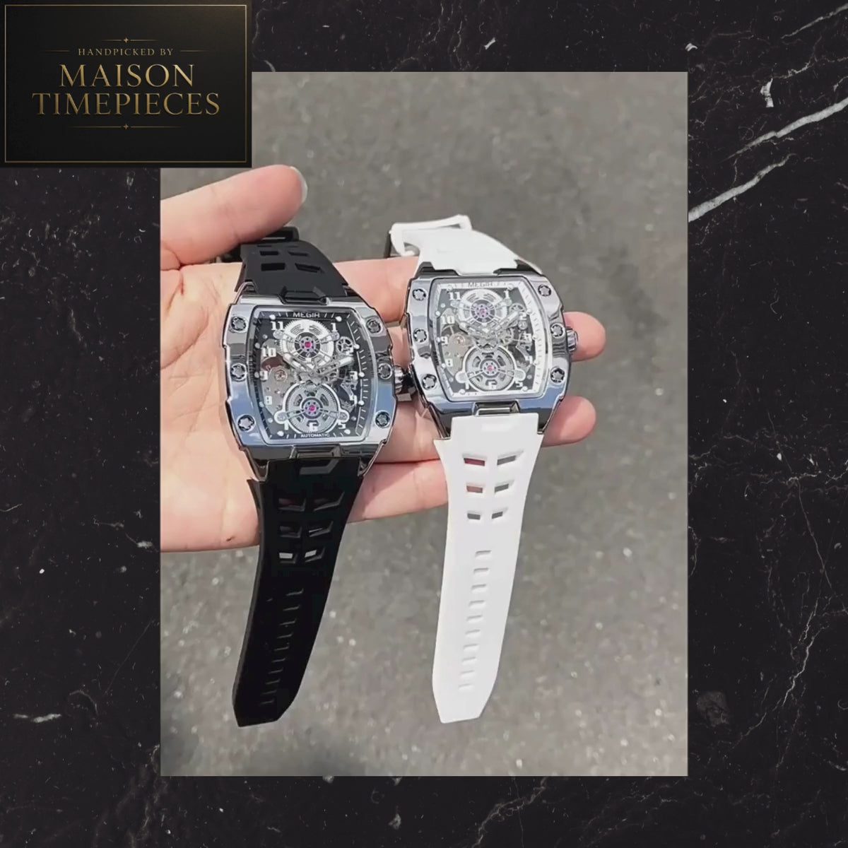 Maison Timepieces Curated automatic skeleton sports watch with 43mm black tonneau case, visible mechanical movement, orange silicone strap, luminous hands and transparent exhibition caseback.