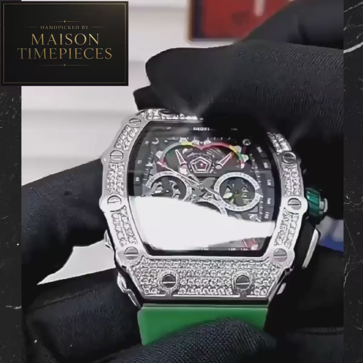 Maison Timepieces Curated automatic skeleton tonneau watch with green rubber strap, 50mm alloy case, luxury-inspired skeleton dial, luminous hands and automatic mechanical movement.